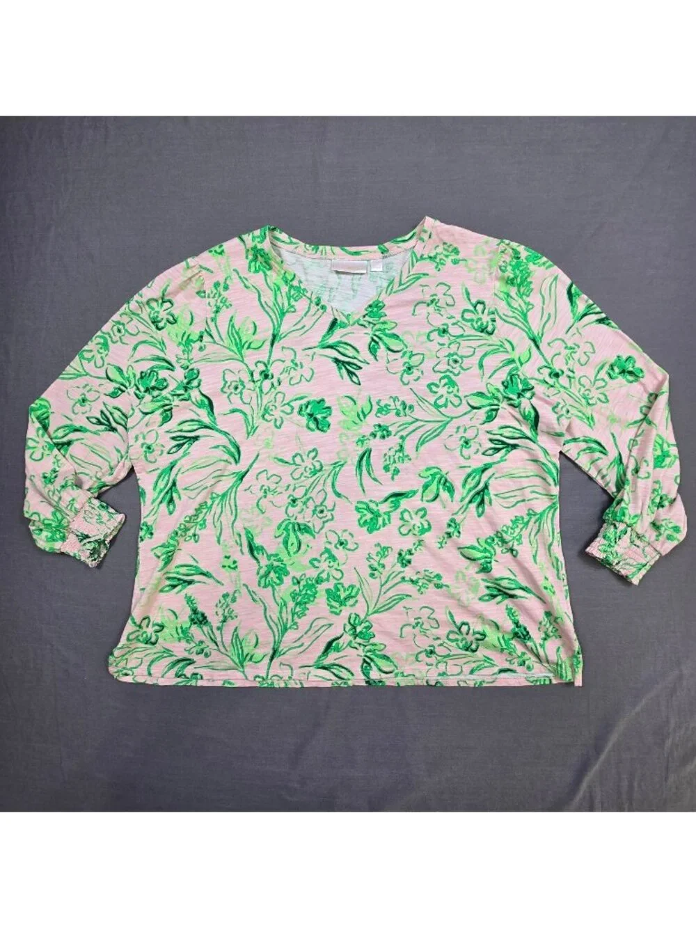 Belle Kim Gravel 2X Long Sleeve Top Pink & Green Floral V-Neck Cotton Modal - Picture 1 of 4